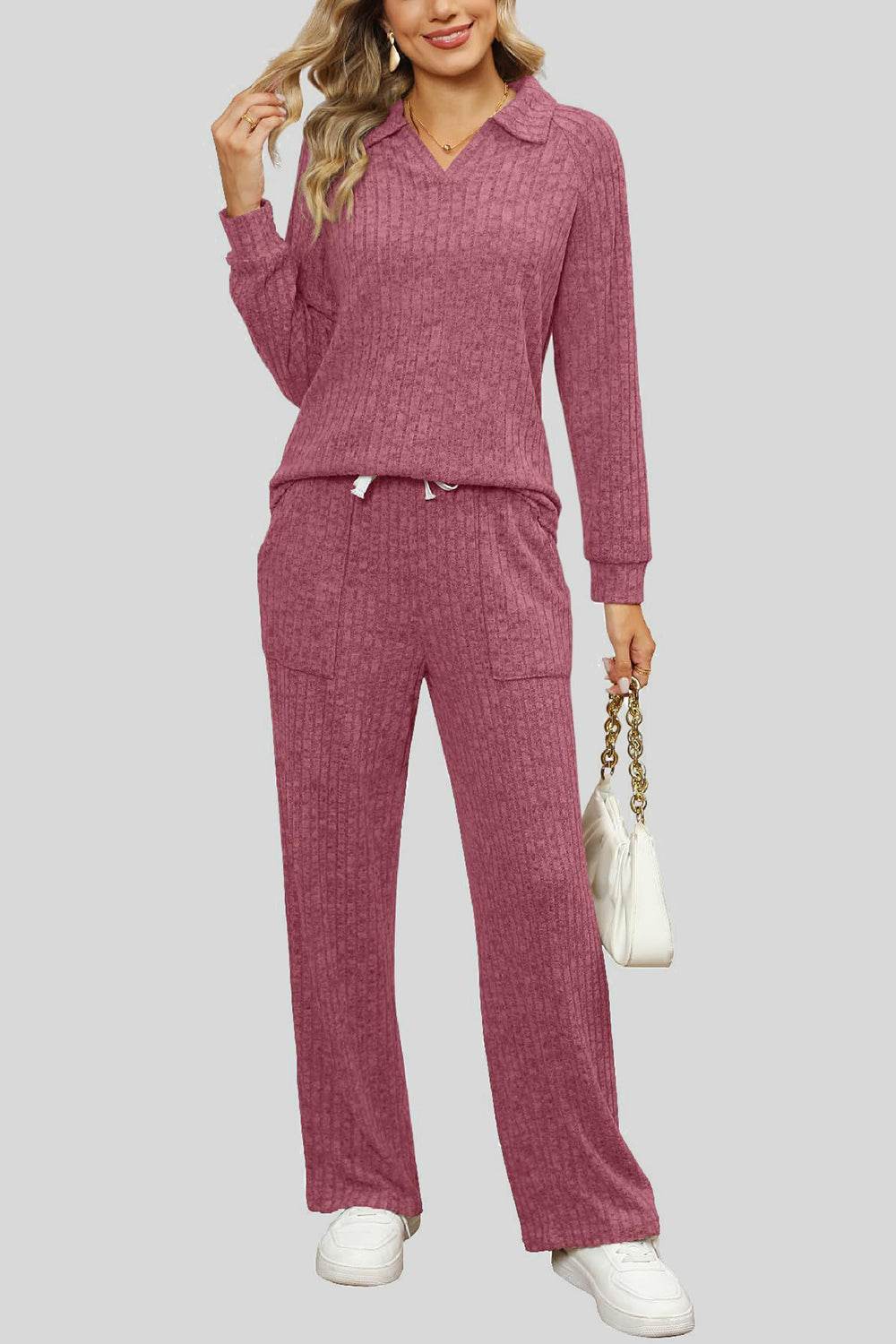 Ribbed Long Sleeve Top and Pocketed Pants Set - DaTrendStore.Com