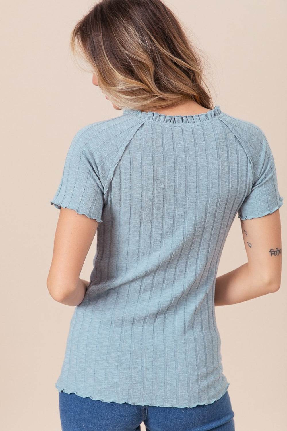 BiBi Ruffle Round Neck Merrow Edge Rib Top - DaTrendStore.Com