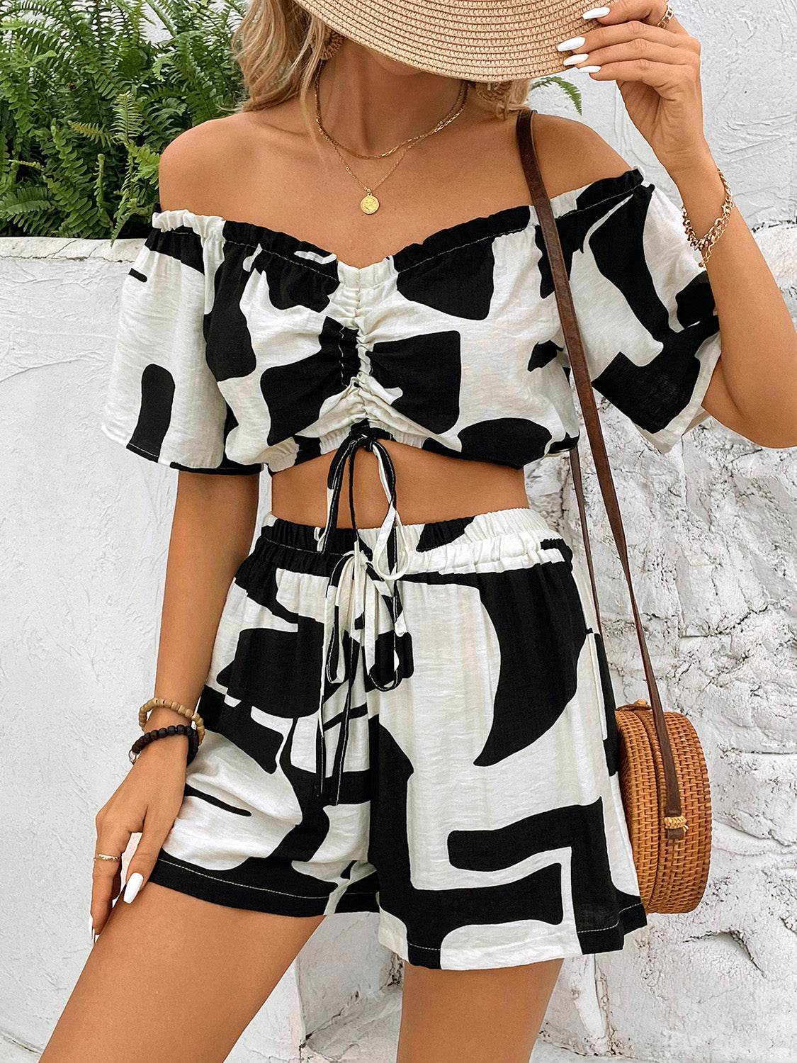 Perfee Drawstring Off-Shoulder Top and Shorts Set - DaTrendStore.Com