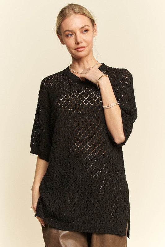 Davi & Dani Side Slit Openwork Round Neck Half Sleeve Knit Cover Up - DaTrendStore.Com