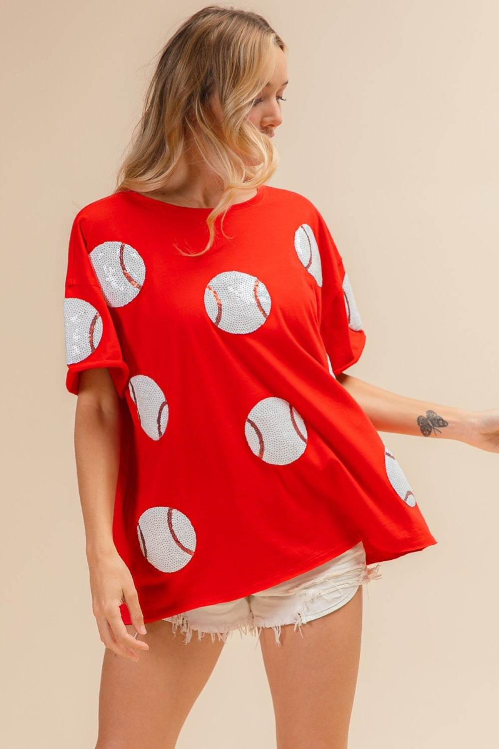 BiBi Sequin Baseball Drop Shoulder Short Sleeve T-Shirt - DaTrendStore.Com