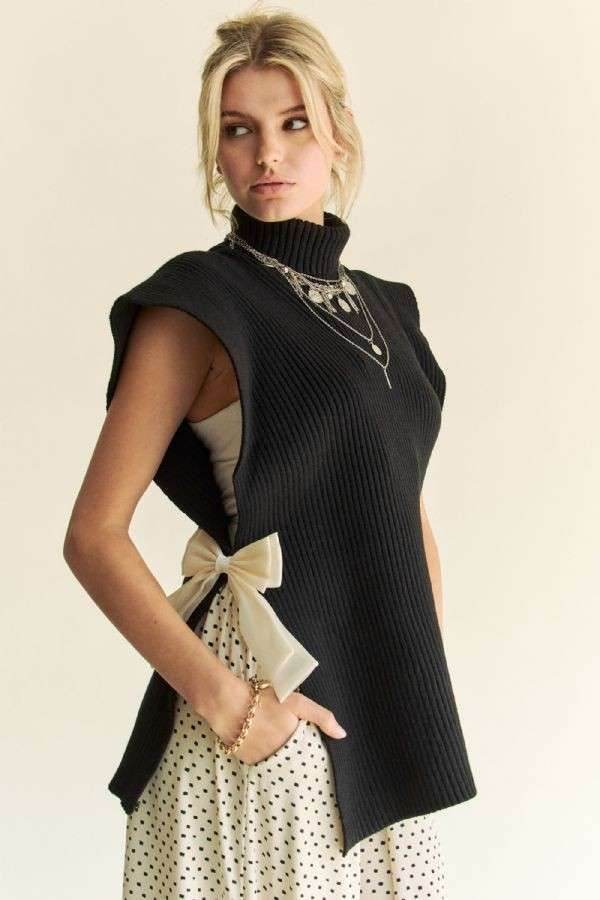 Davi & Dani Side Split Turtleneck Sleeveless Knit Top - DaTrendStore.Com
