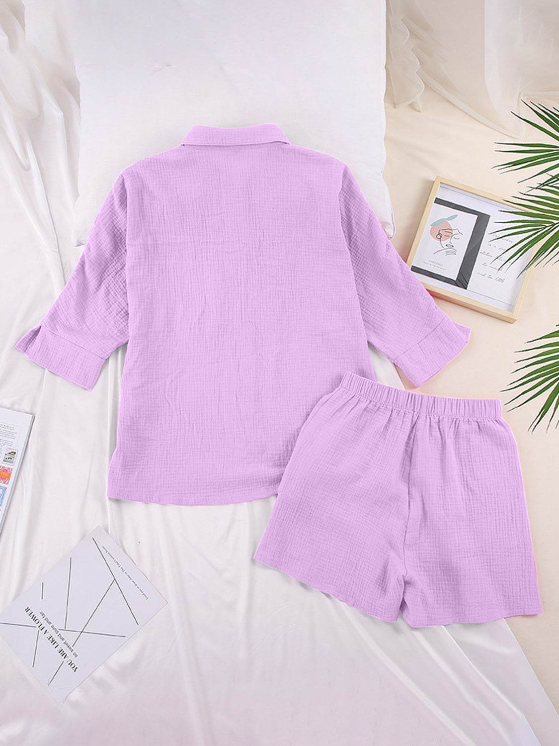 Texture Button Up Shirt and Shorts Set - DaTrendStore.Com