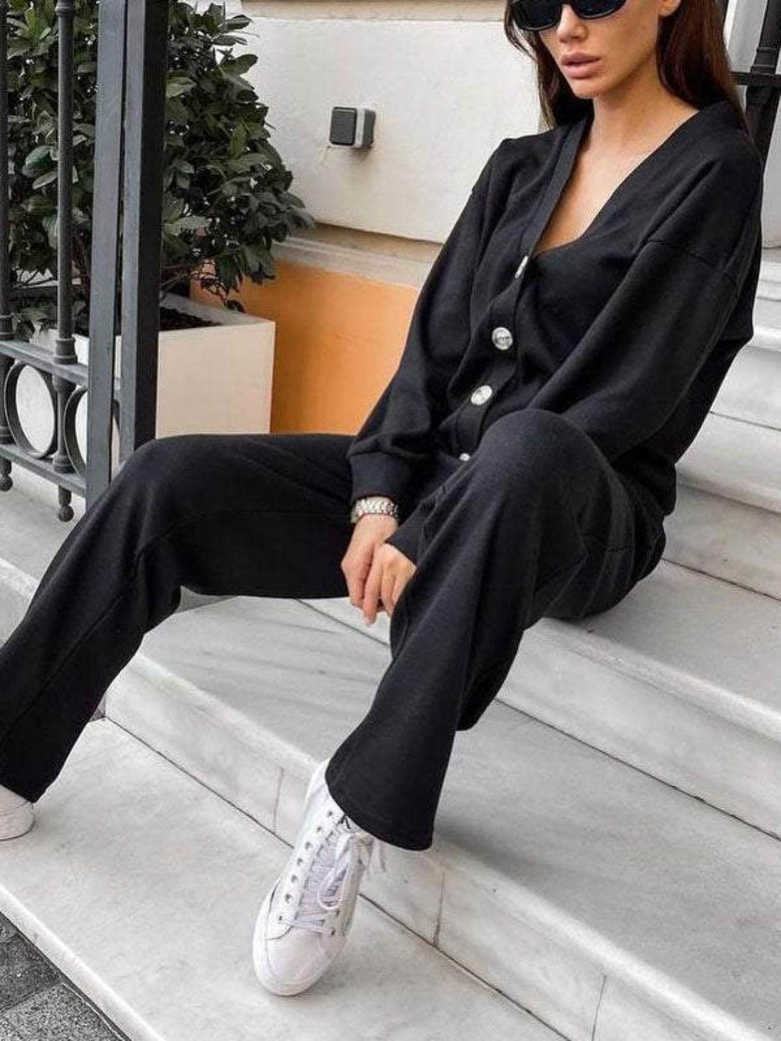 Full Size Button Up Long Sleeve Top and Pants Set - DaTrendStore.Com