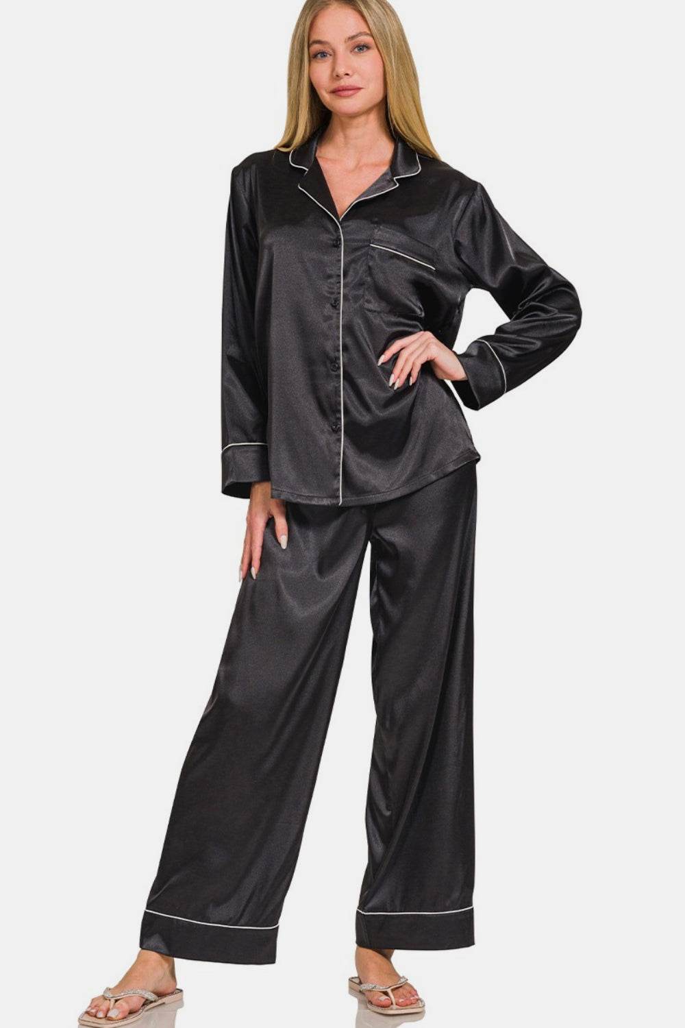 Zenana Satin Long Sleeve Shirt and Pants Pajama Set - DaTrendStore.Com