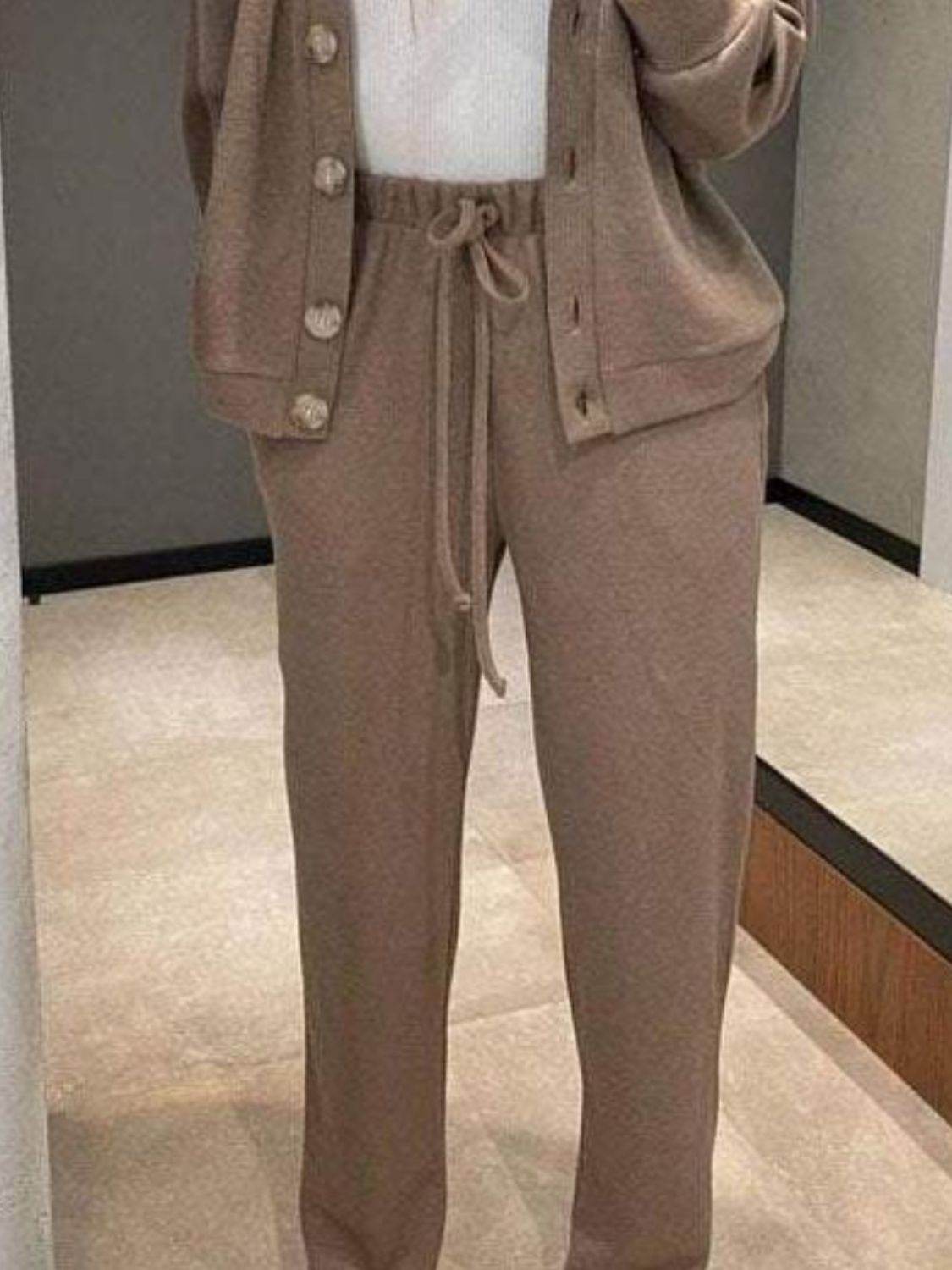 Full Size Button Up Long Sleeve Top and Pants Set - DaTrendStore.Com