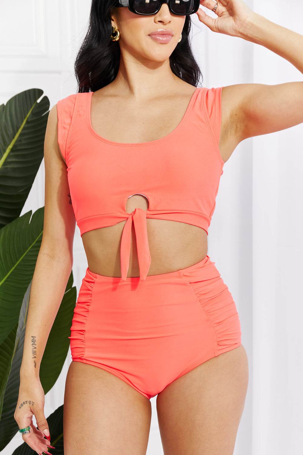 Marina West Swim Sanibel Crop Swim Top and Ruched Bottoms Set in Coral - DaTrendStore.Com