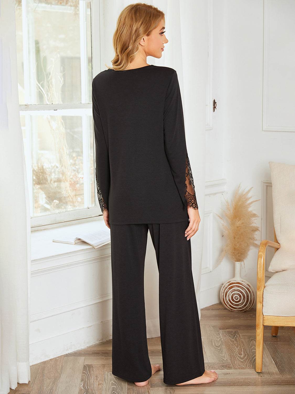 Lace Detail Long Sleeve Top and Pants Lounge Set - DaTrendStore.Com