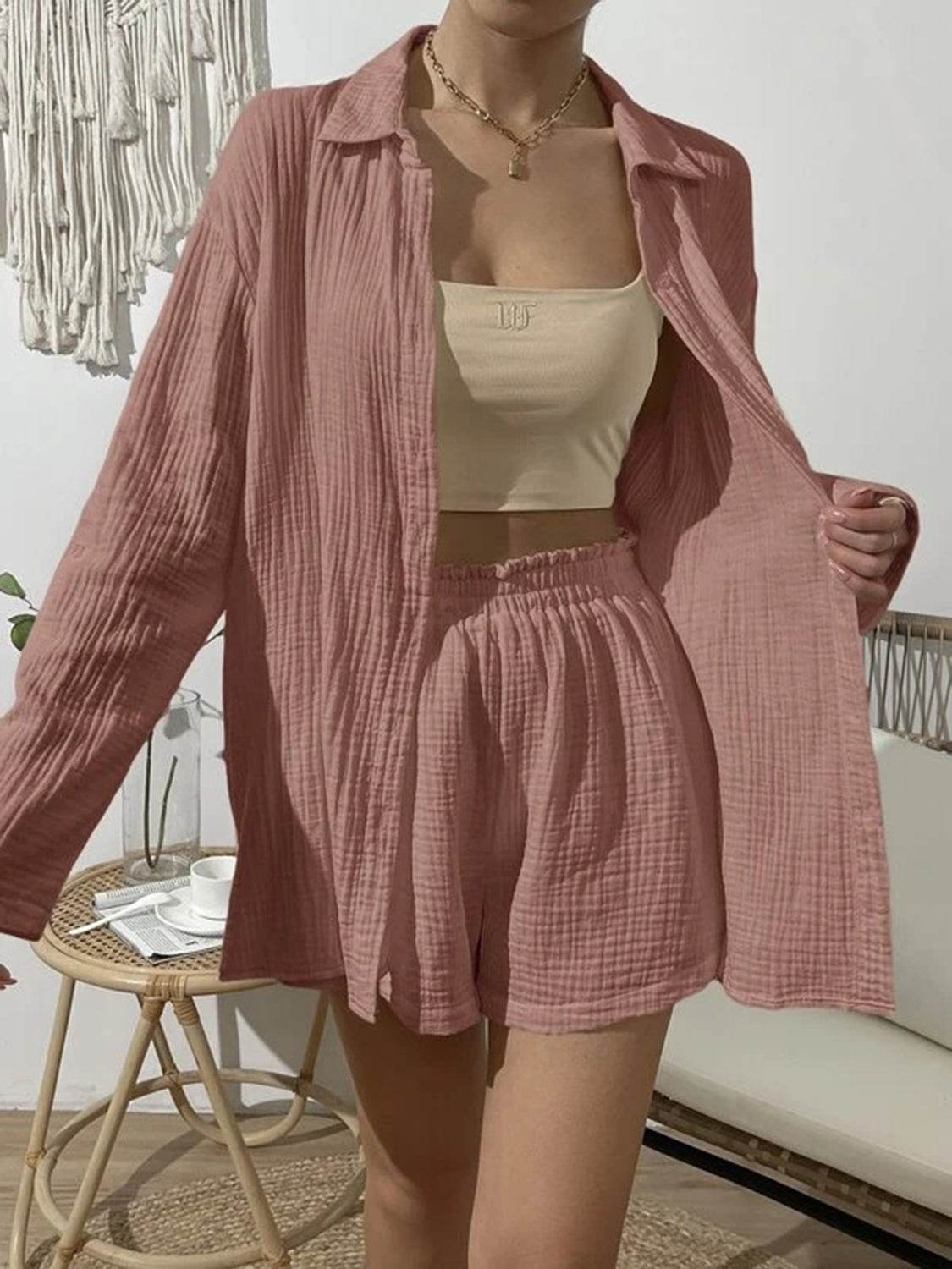 Dropped Shoulder Button Up Top and Elastic Waist Shorts Set - DaTrendStore.Com