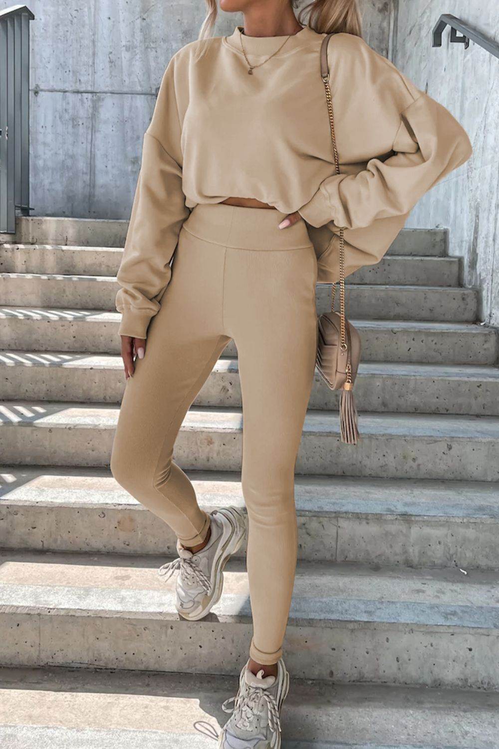 Round Neck Dropped Shoulder Sweatshirt and Pants Set - DaTrendStore.Com
