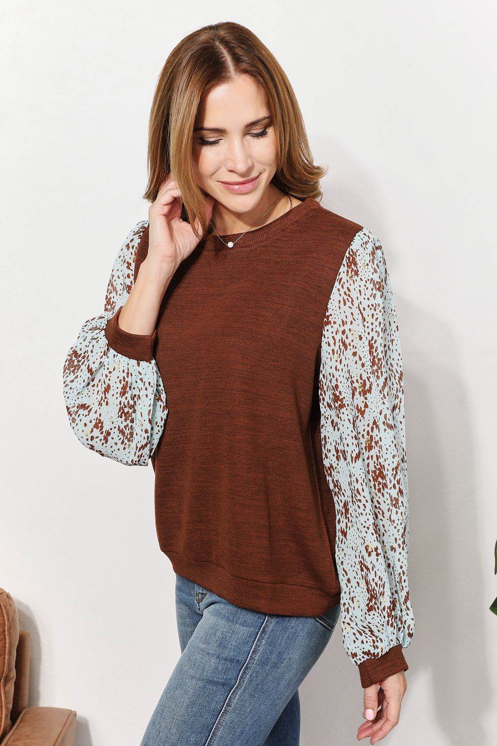 And The Why Full Size Foil Printed Sleeve Top - DaTrendStore.Com