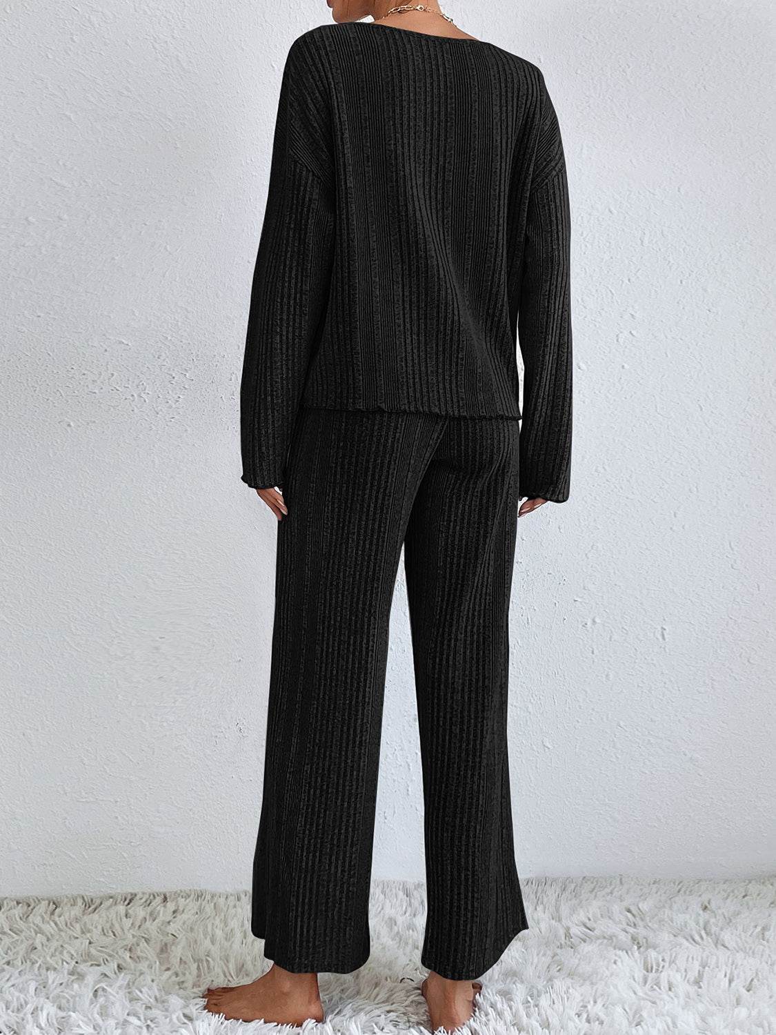 V-Neck Long Sleeve Top and Pants Set - DaTrendStore.Com
