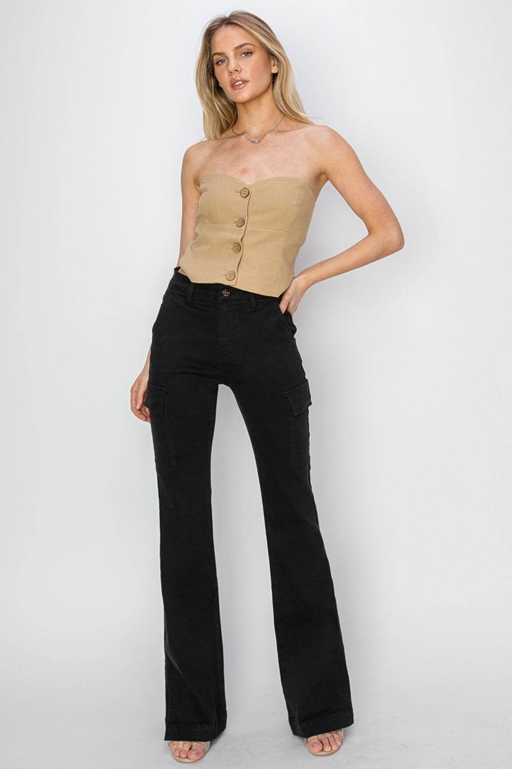 RISEN Full Size High Rise Side Slit Cargo Bootcut Jeans - DaTrendStore.Com
