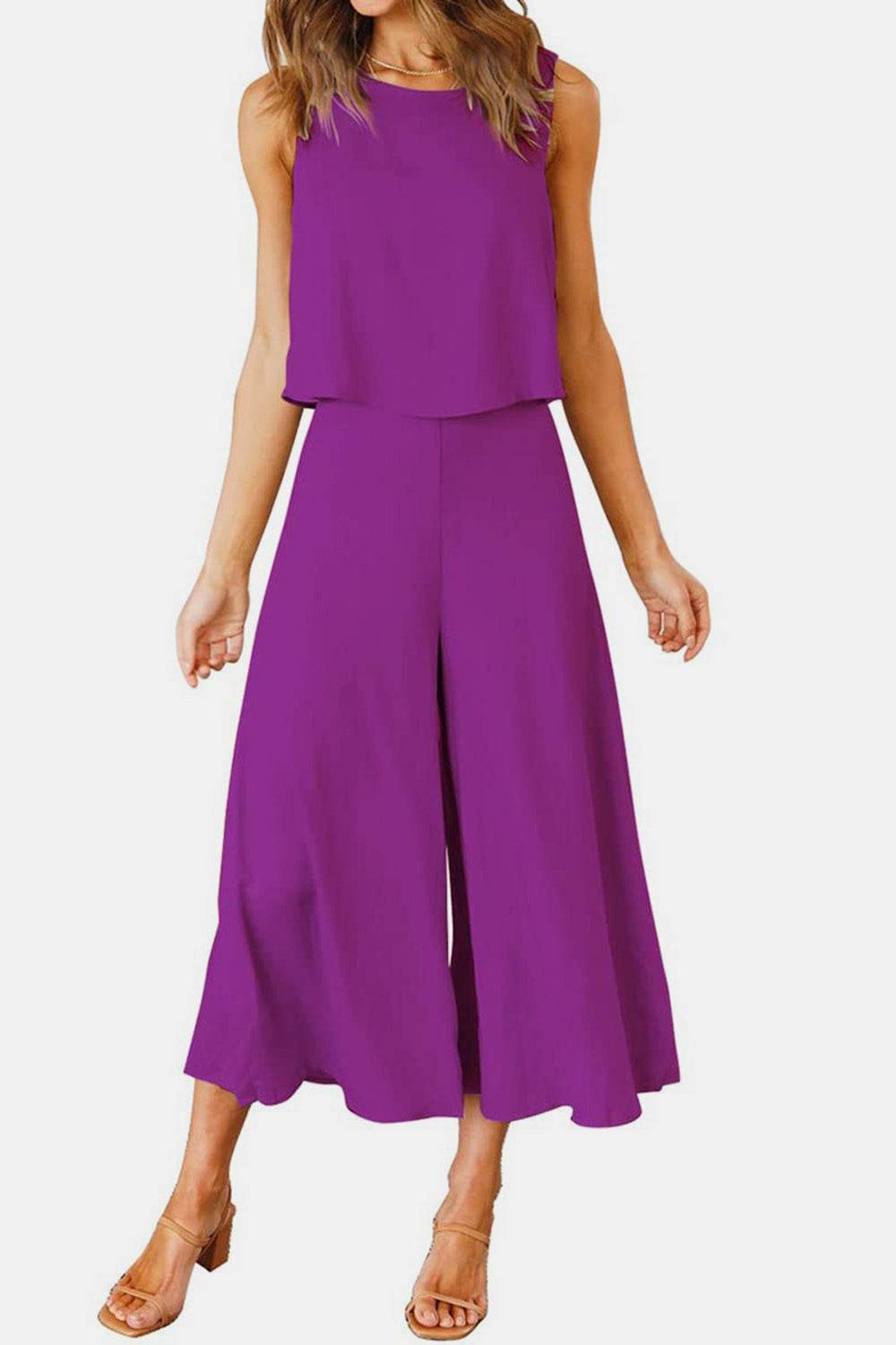 Round Neck Top and Wide Leg Pants Set - DaTrendStore.Com