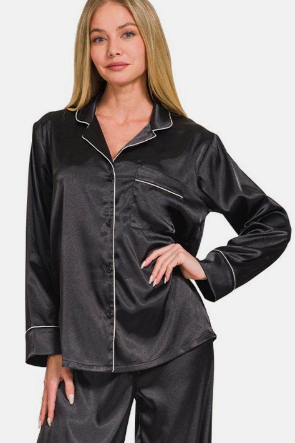Zenana Satin Long Sleeve Shirt and Pants Pajama Set - DaTrendStore.Com