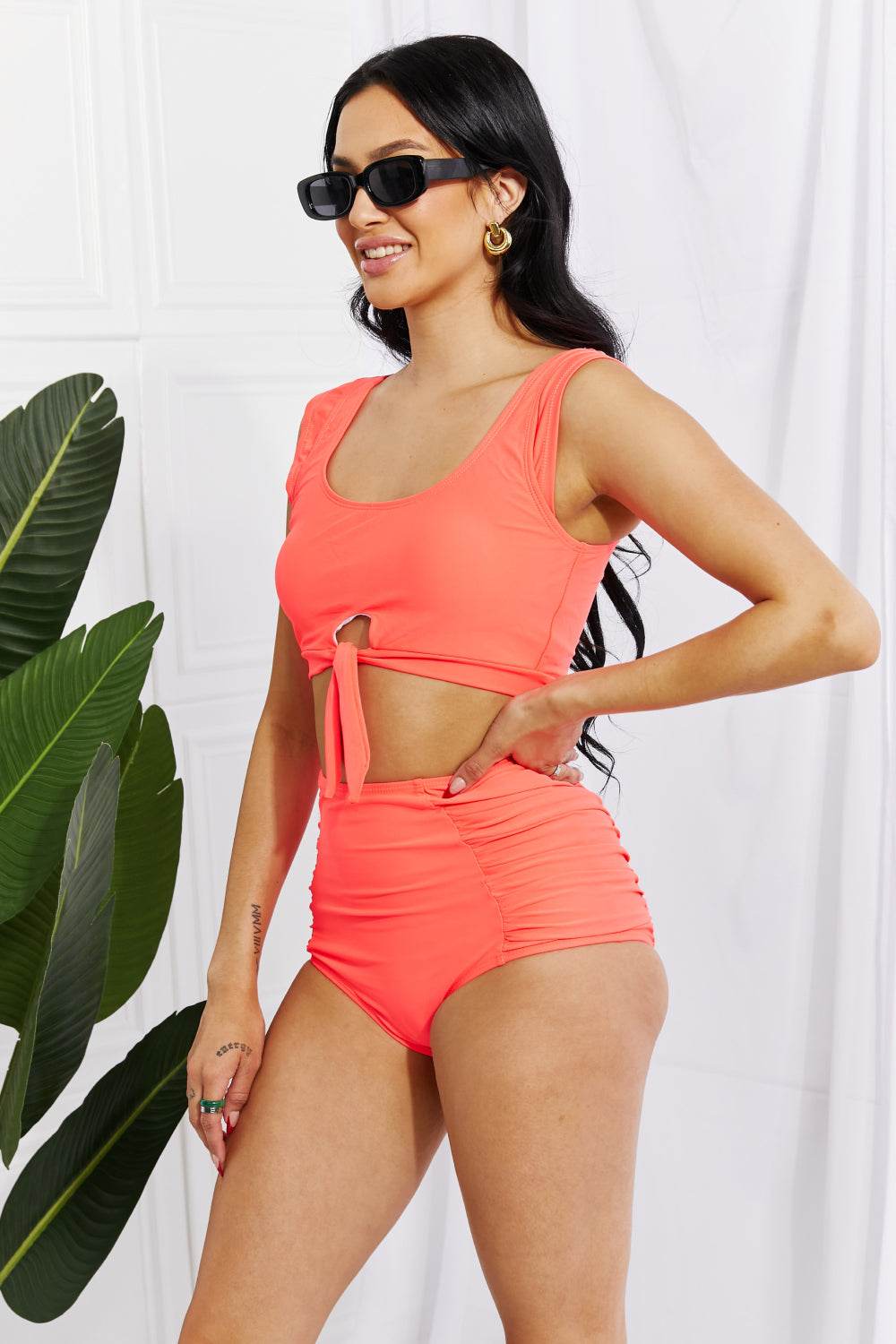 Marina West Swim Sanibel Crop Swim Top and Ruched Bottoms Set in Coral - DaTrendStore.Com