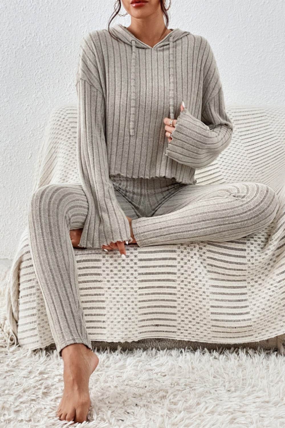 Lettuce Hem Dropped Shoulder Hooded Top and Pants Set - DaTrendStore.Com