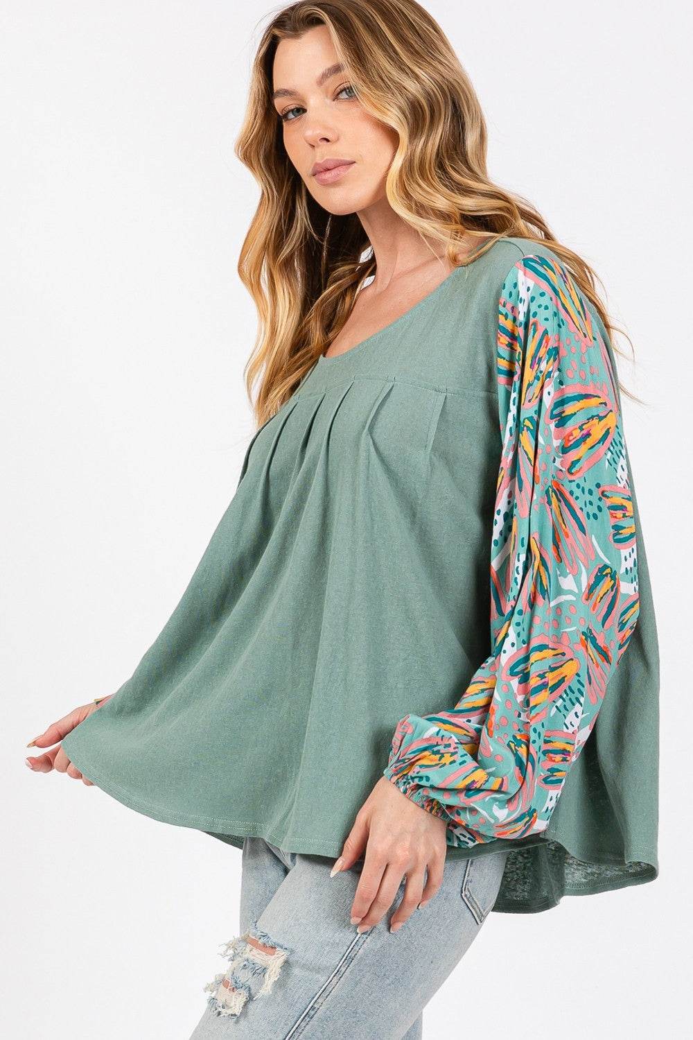 SAGE + FIG Ruched Round Neck Printed Bubble Sleeve Top - DaTrendStore.Com