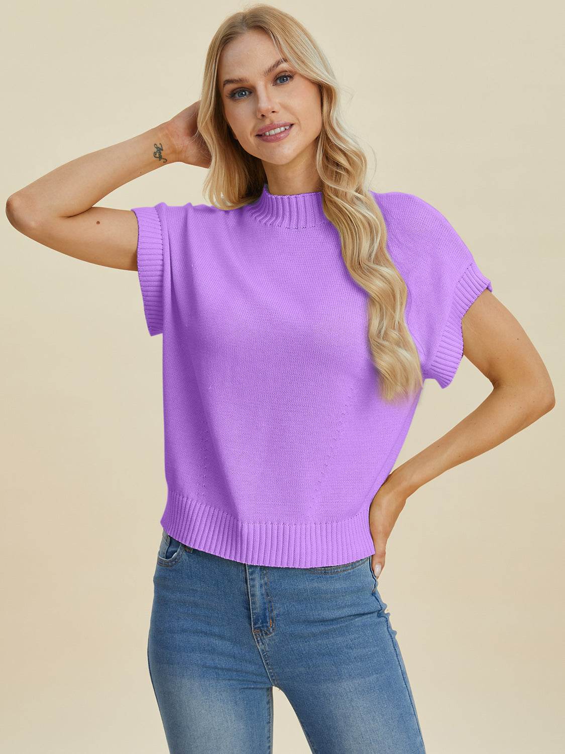 Double Take Full Size Mock Neck Short Sleeve Sweater - DaTrendStore.Com