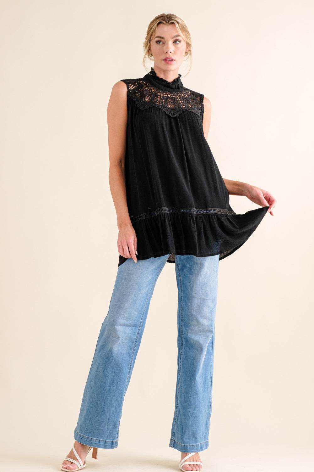 And The Why Lace Detail Sleeveless Ruffled Top - DaTrendStore.Com