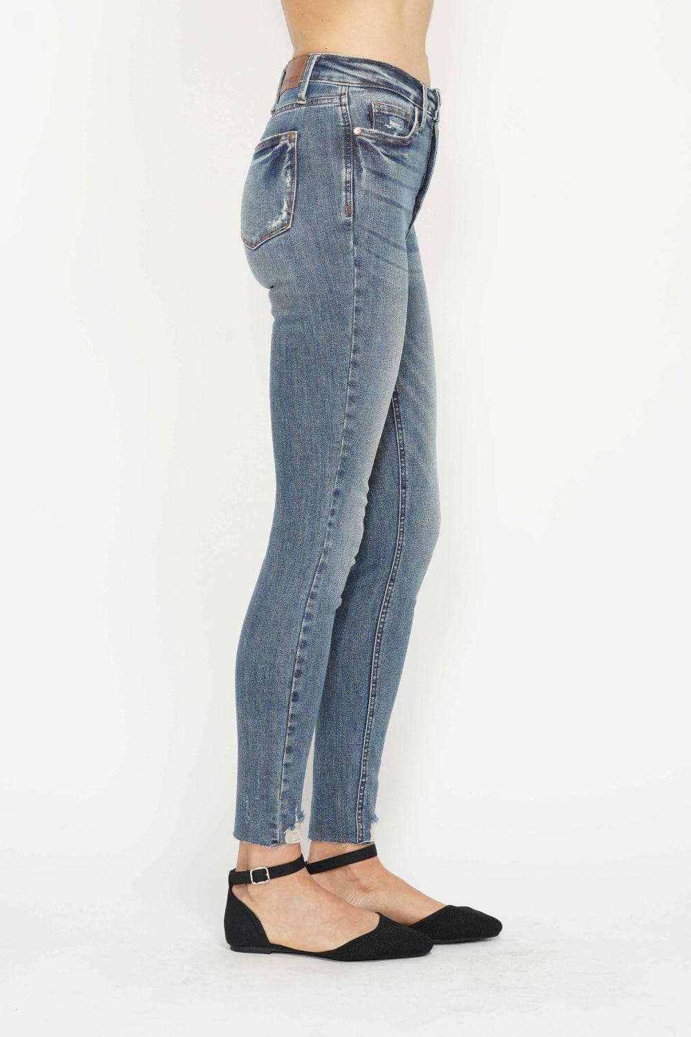Judy Blue Full Size Tummy Control Vintage Wash Hem Destroy Skinny Jeans - DaTrendStore.Com