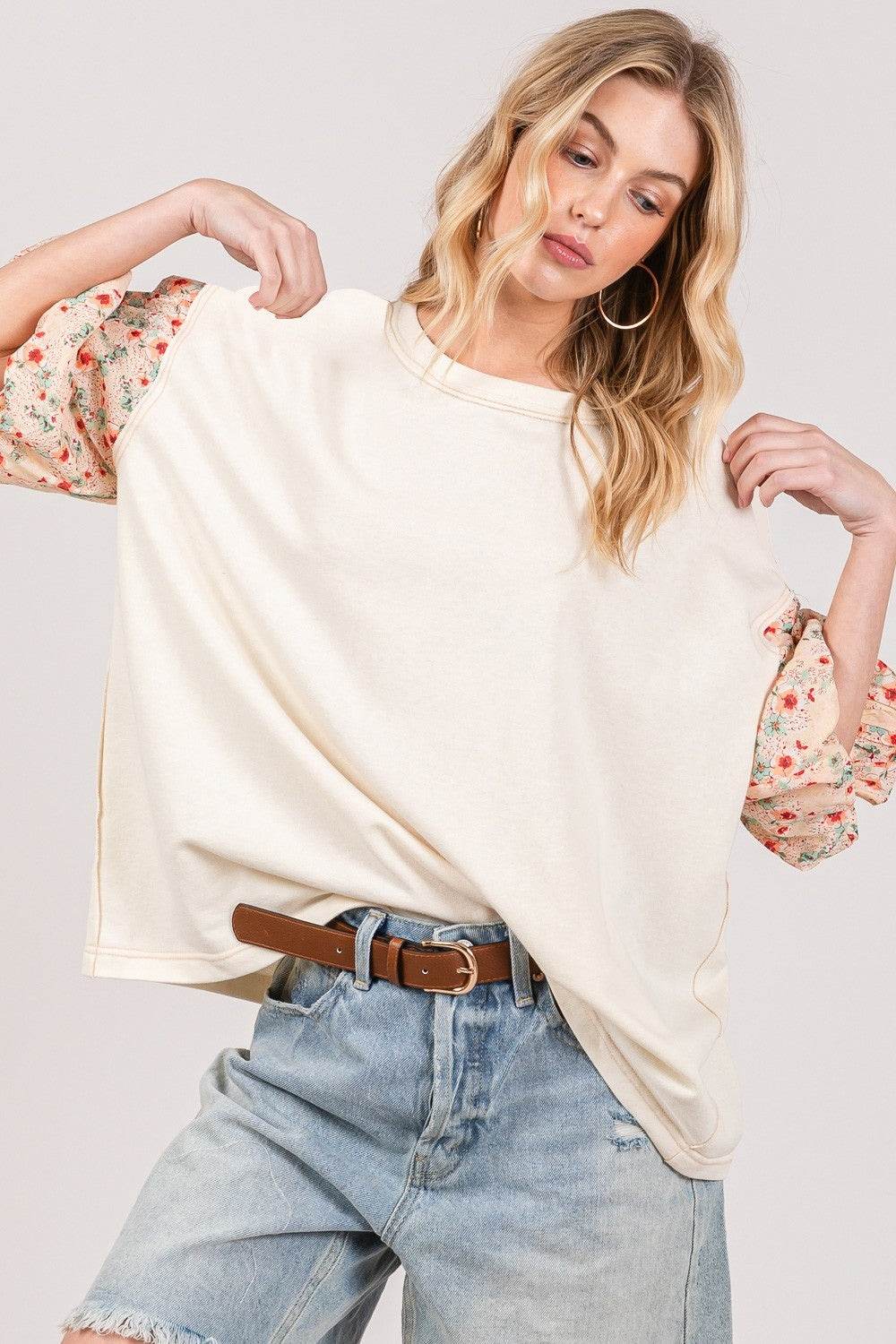SAGE + FIG Round Neck Bubble Sleeve Oversize Top - DaTrendStore.Com