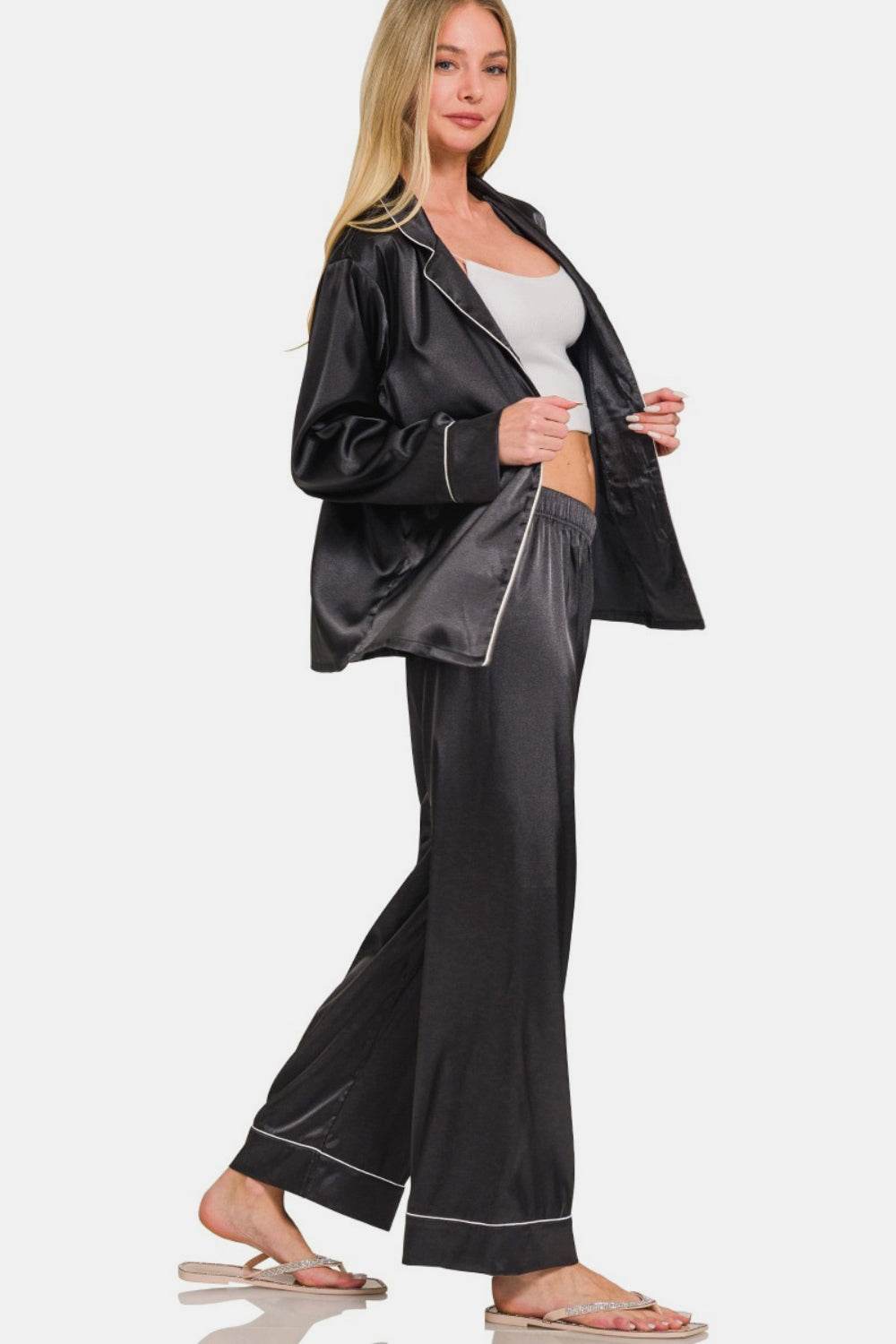 Zenana Satin Long Sleeve Shirt and Pants Pajama Set - DaTrendStore.Com