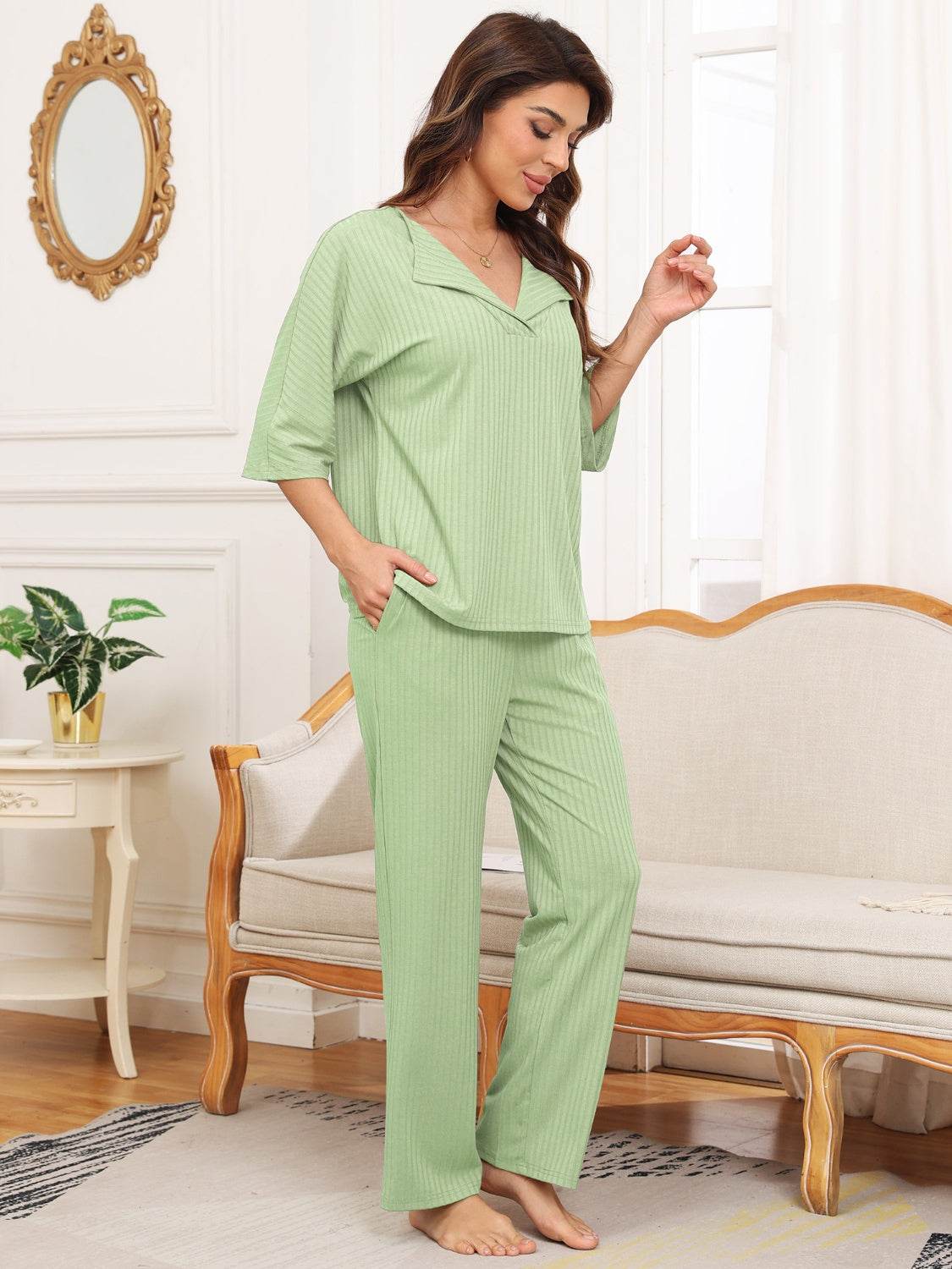 Ribbed Half Sleeve Top and Pocketed Pants Set - DaTrendStore.Com