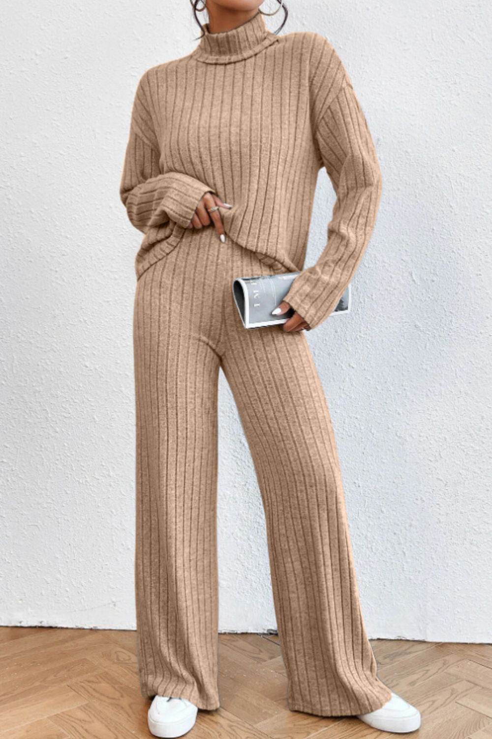 Mock Neck Dropped Shoulder Top and Pants Set - DaTrendStore.Com