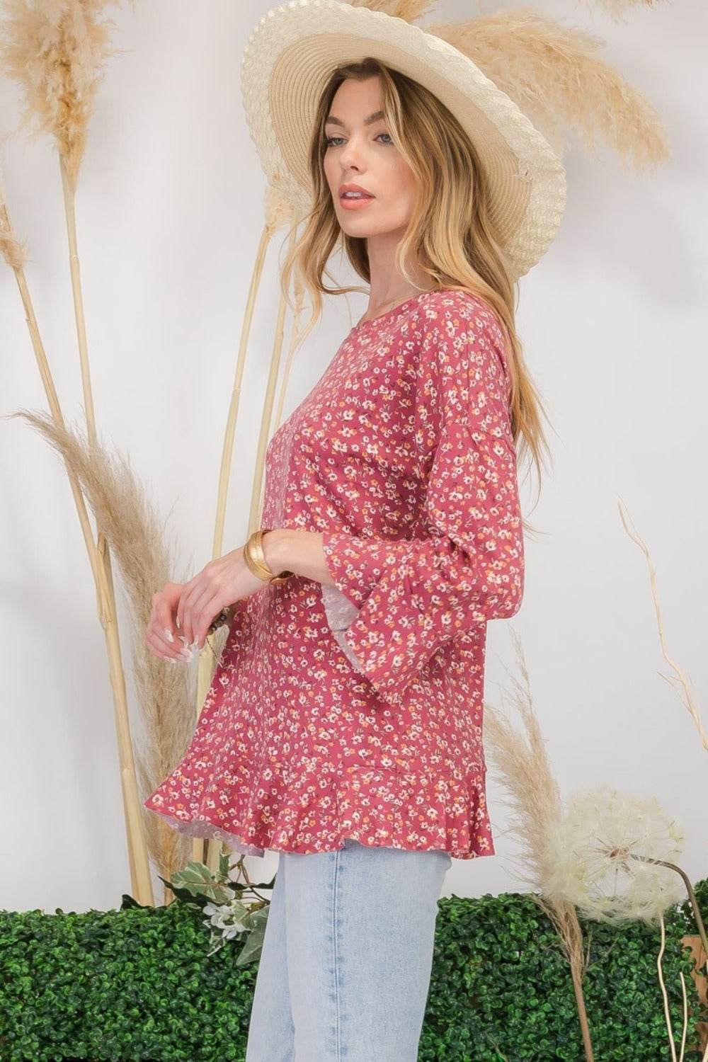Celeste Full Size Floral Ruffle Detail Top - DaTrendStore.Com
