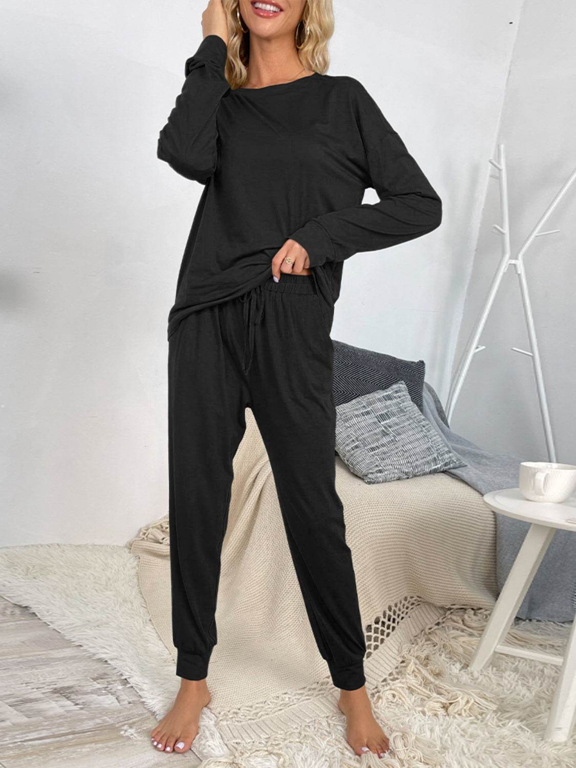 Shiny Round Neck Top and Drawstring Pants Lounge Set - DaTrendStore.Com
