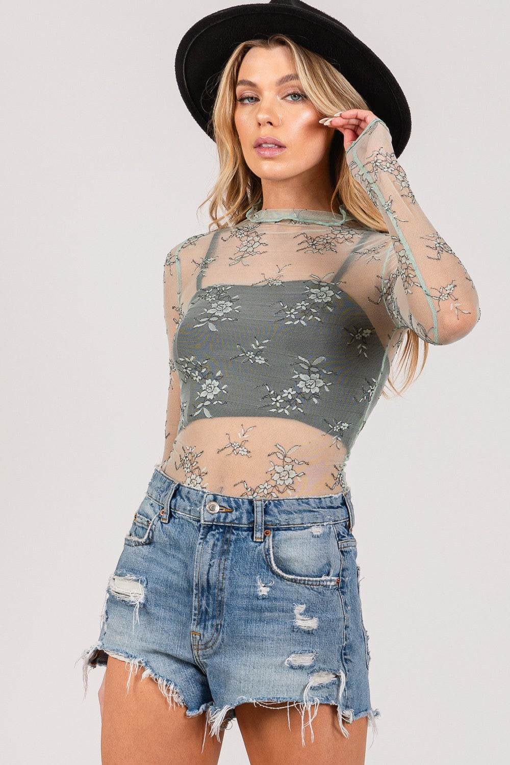 SAGE + FIG Mesh Long Sleeve Sheer Floral Embroidery Top - DaTrendStore.Com
