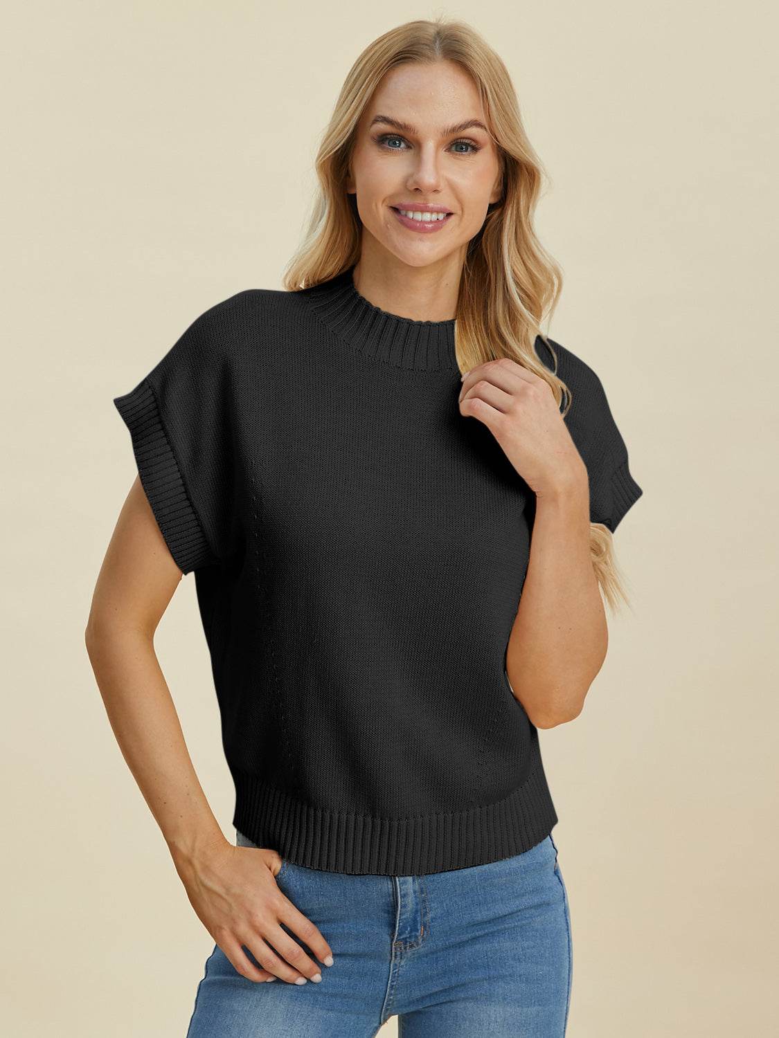 Double Take Full Size Mock Neck Short Sleeve Sweater - DaTrendStore.Com