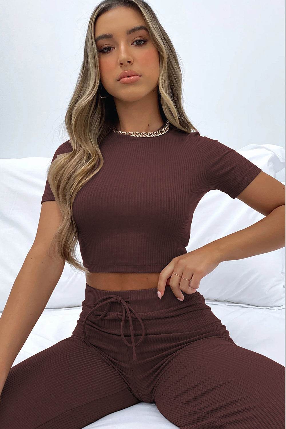 Round Neck Short Sleeve Top and Pants Set - DaTrendStore.Com