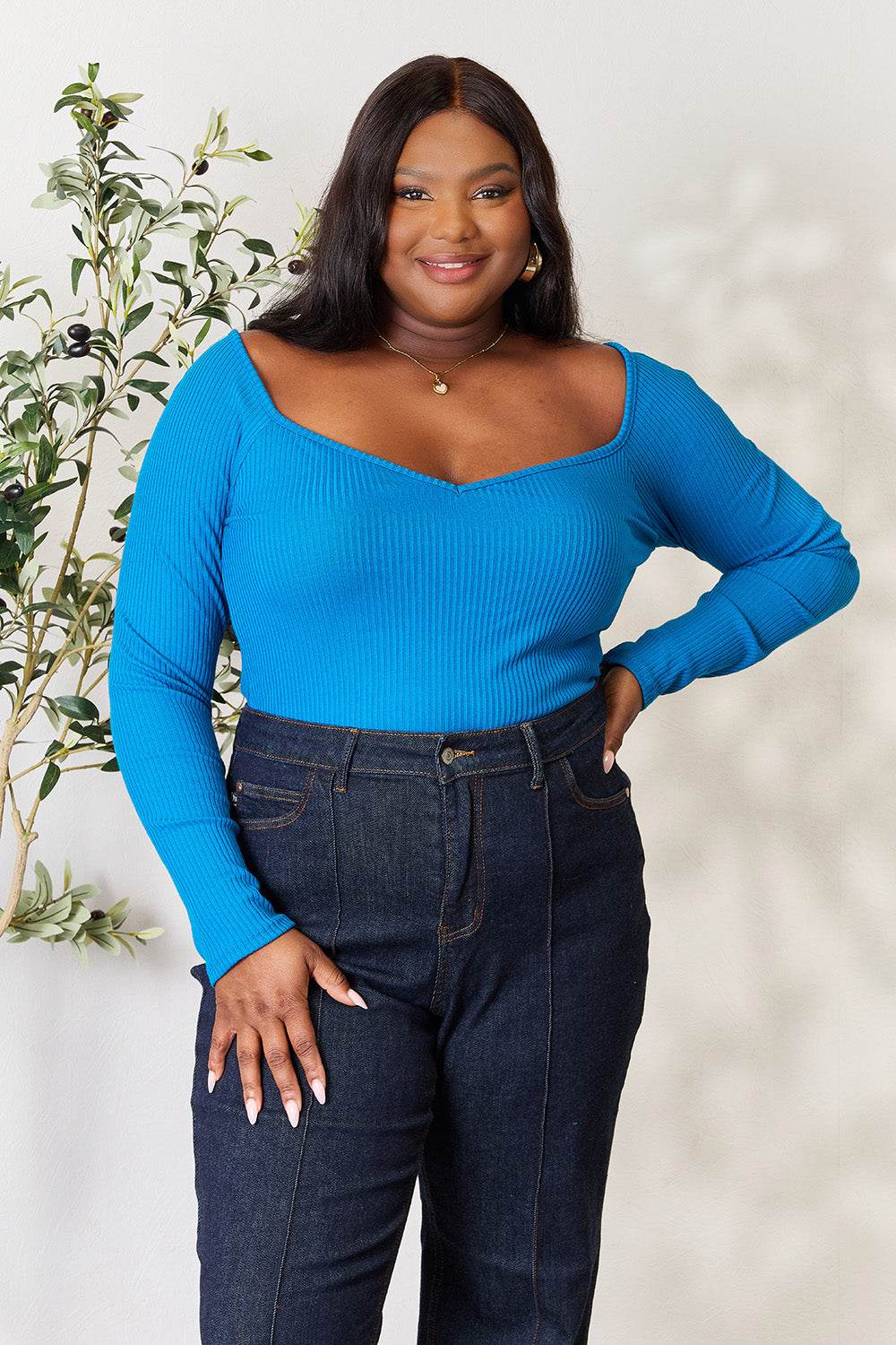 Culture Code Full Size Ribbed Sweetheart Neck Knit Top - DaTrendStore.Com