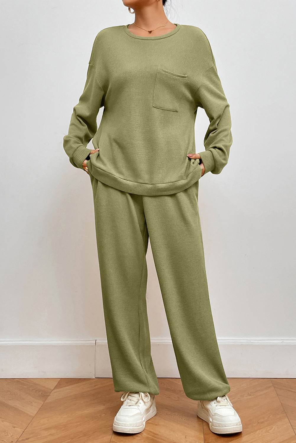 Pocketed Round Neck Top and Pants Lounge Set - DaTrendStore.Com
