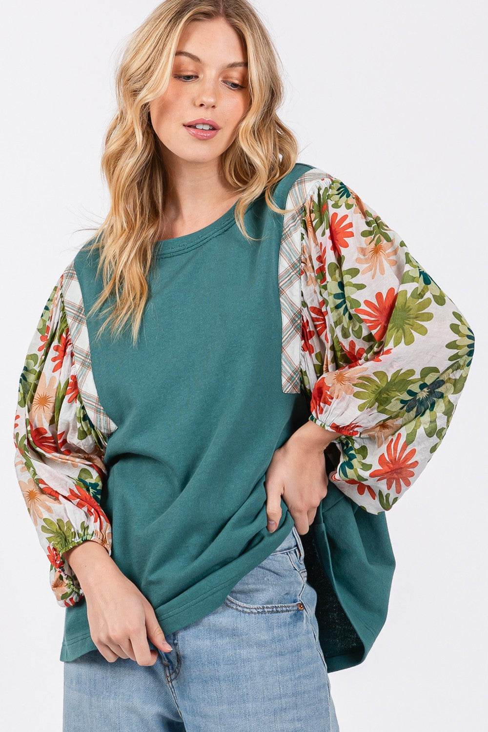 SAGE + FIG Full Size Printed Balloon Sleeve Contrast Top - DaTrendStore.Com