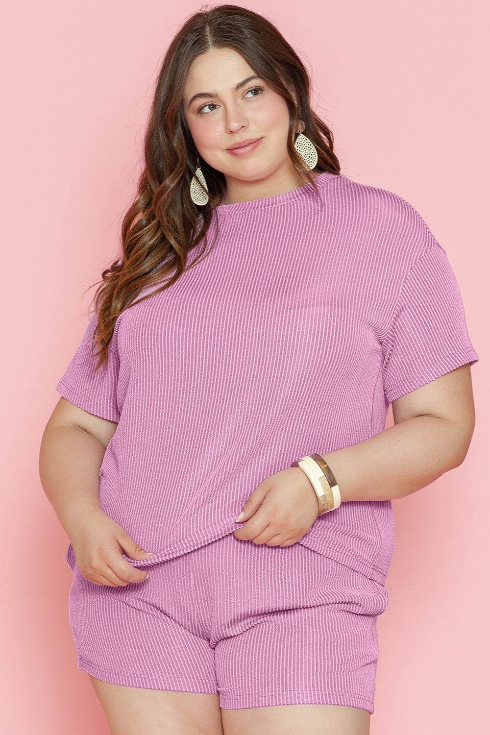 Plus Size Round Neck Short Sleeve Top and Shorts Set - DaTrendStore.Com