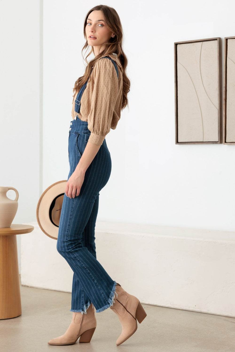Litz La Striped Stretched Suspender Denim Overalls - DaTrendStore.Com