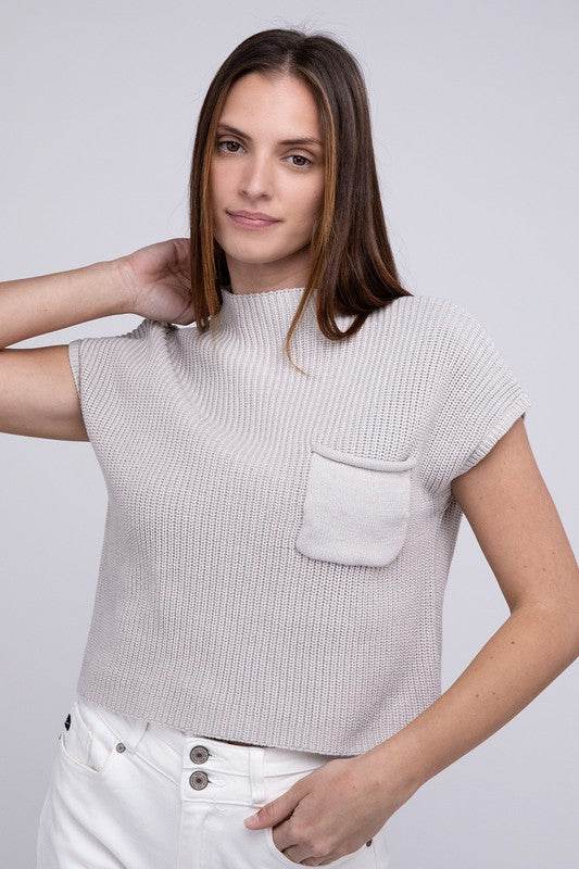 Mock Neck Short Sleeve Cropped Sweater - DaTrendStore.Com