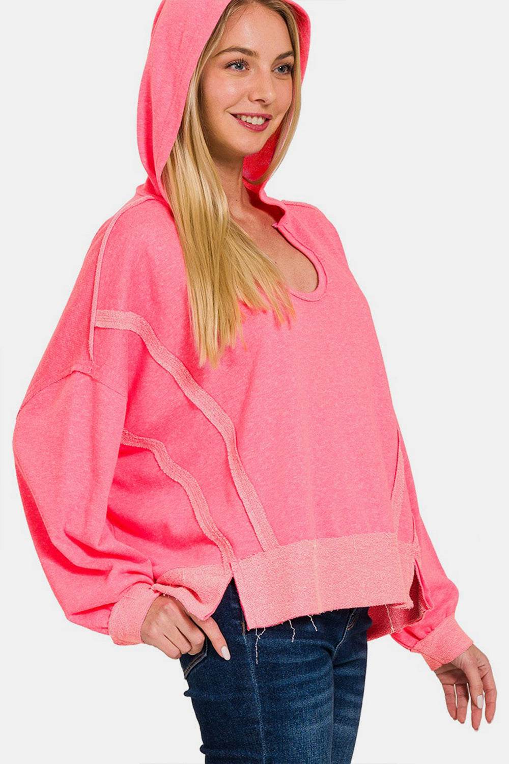 Zenana Contrast Trim Slit Hoodie - DaTrendStore.Com