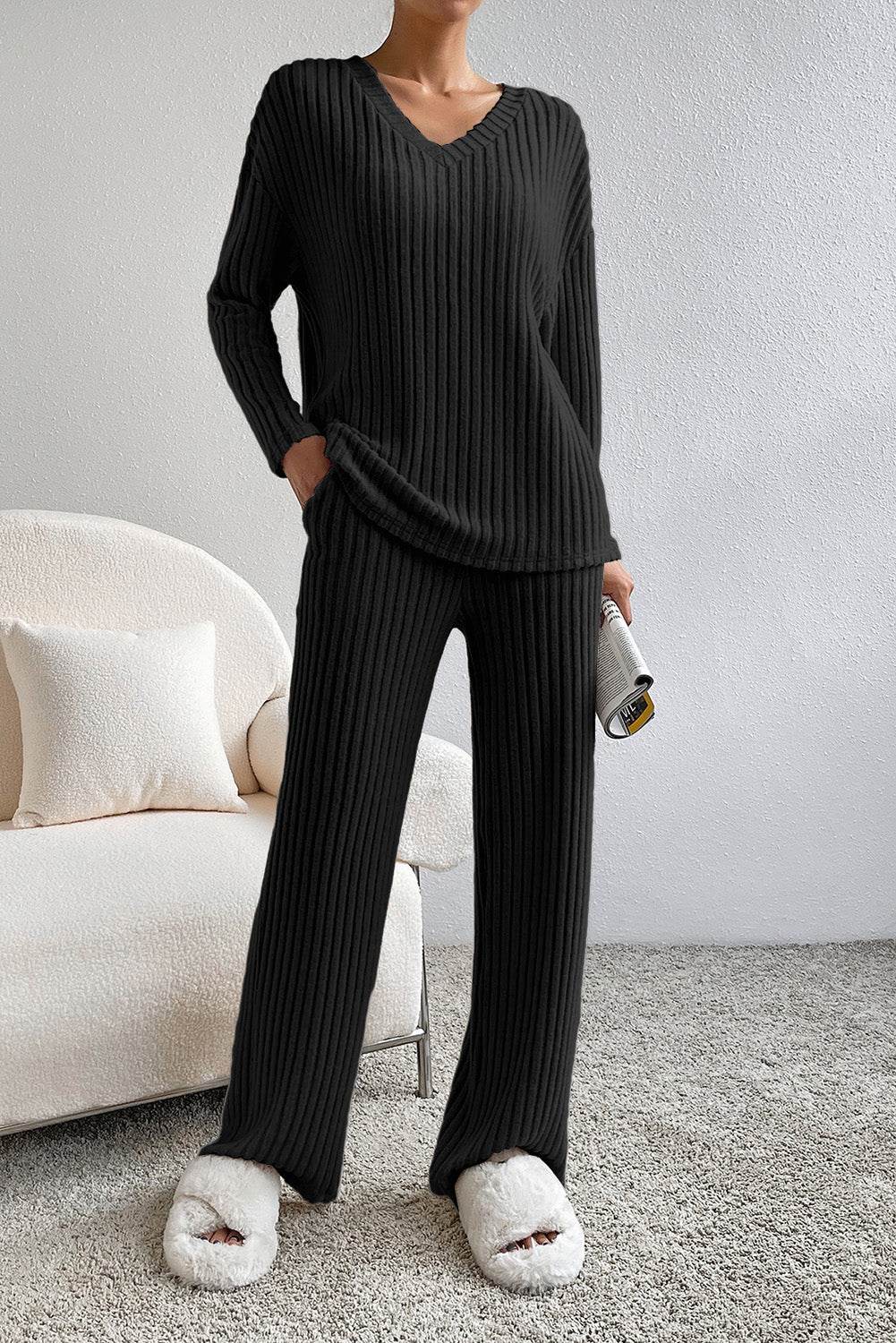 Ribbed V-Neck Top and Pants Lounge Set - DaTrendStore.Com