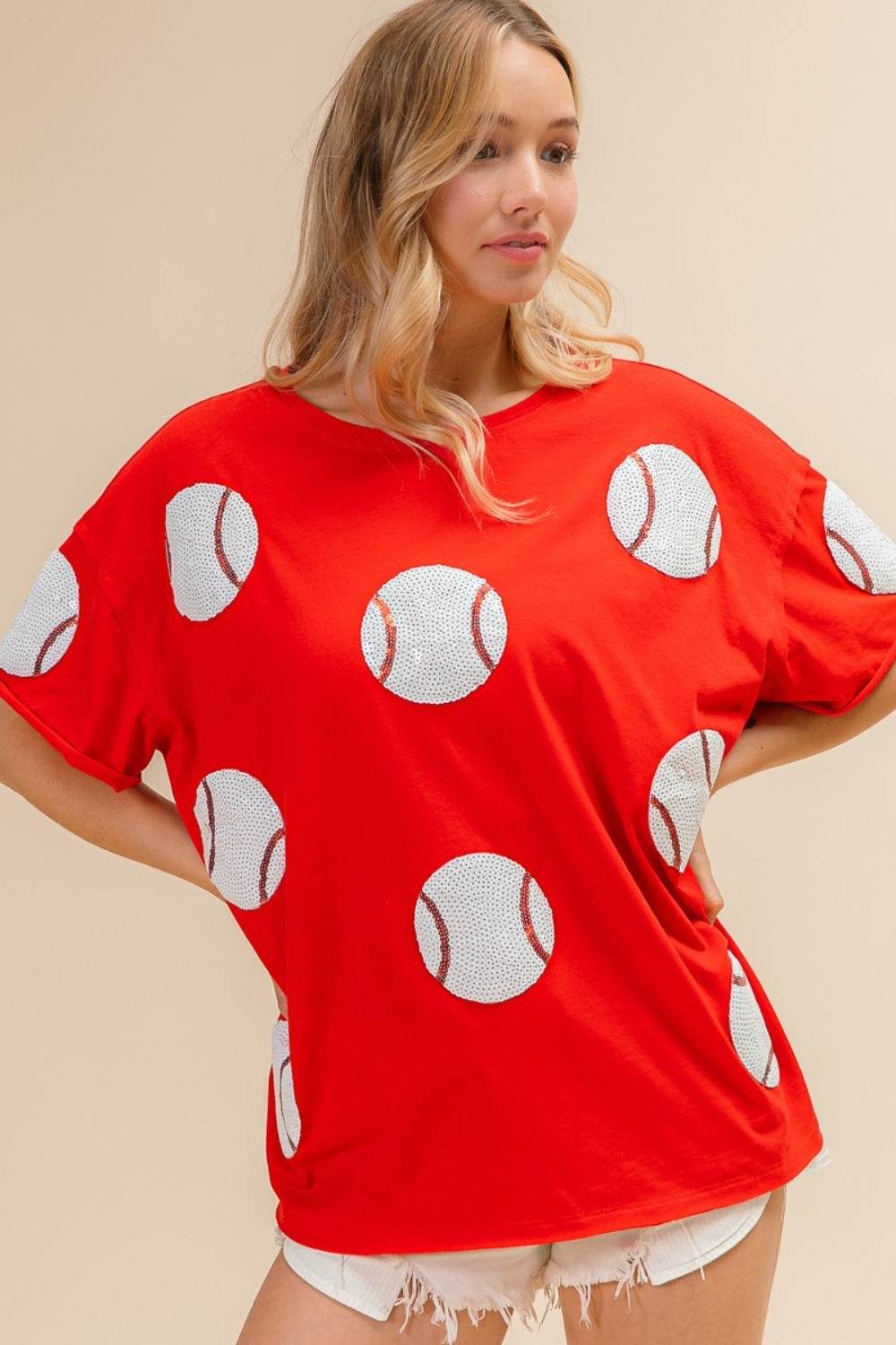 BiBi Sequin Baseball Drop Shoulder Short Sleeve T-Shirt - DaTrendStore.Com