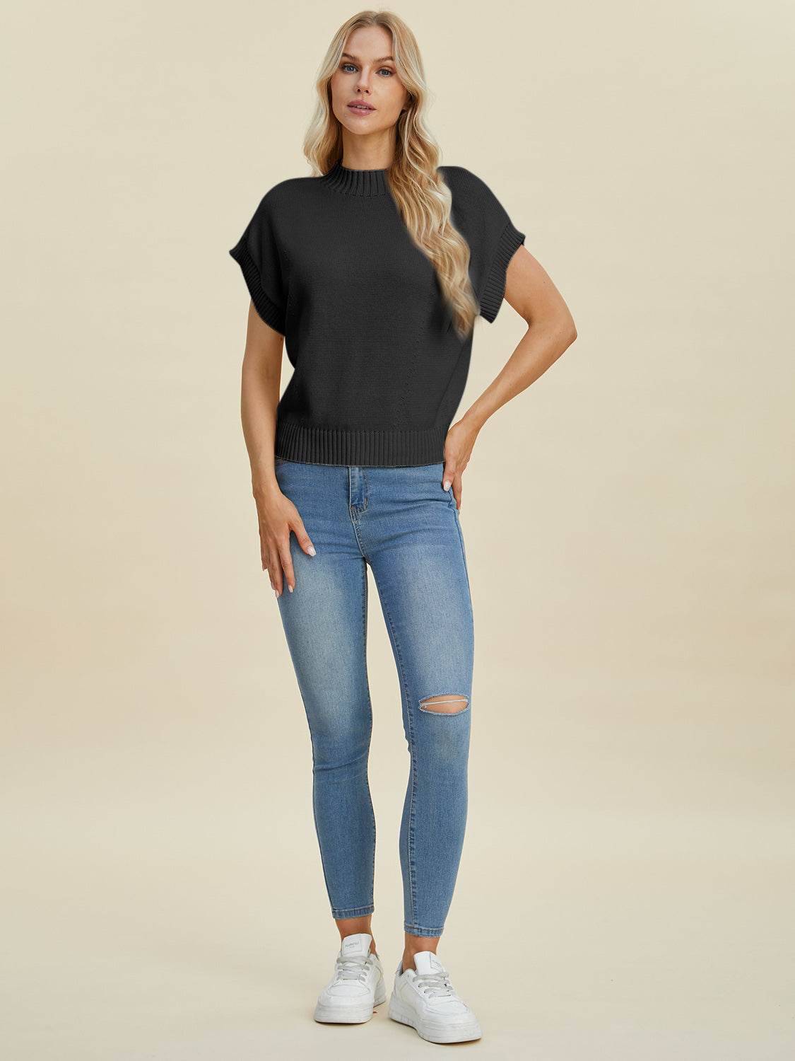 Double Take Full Size Mock Neck Short Sleeve Sweater - DaTrendStore.Com