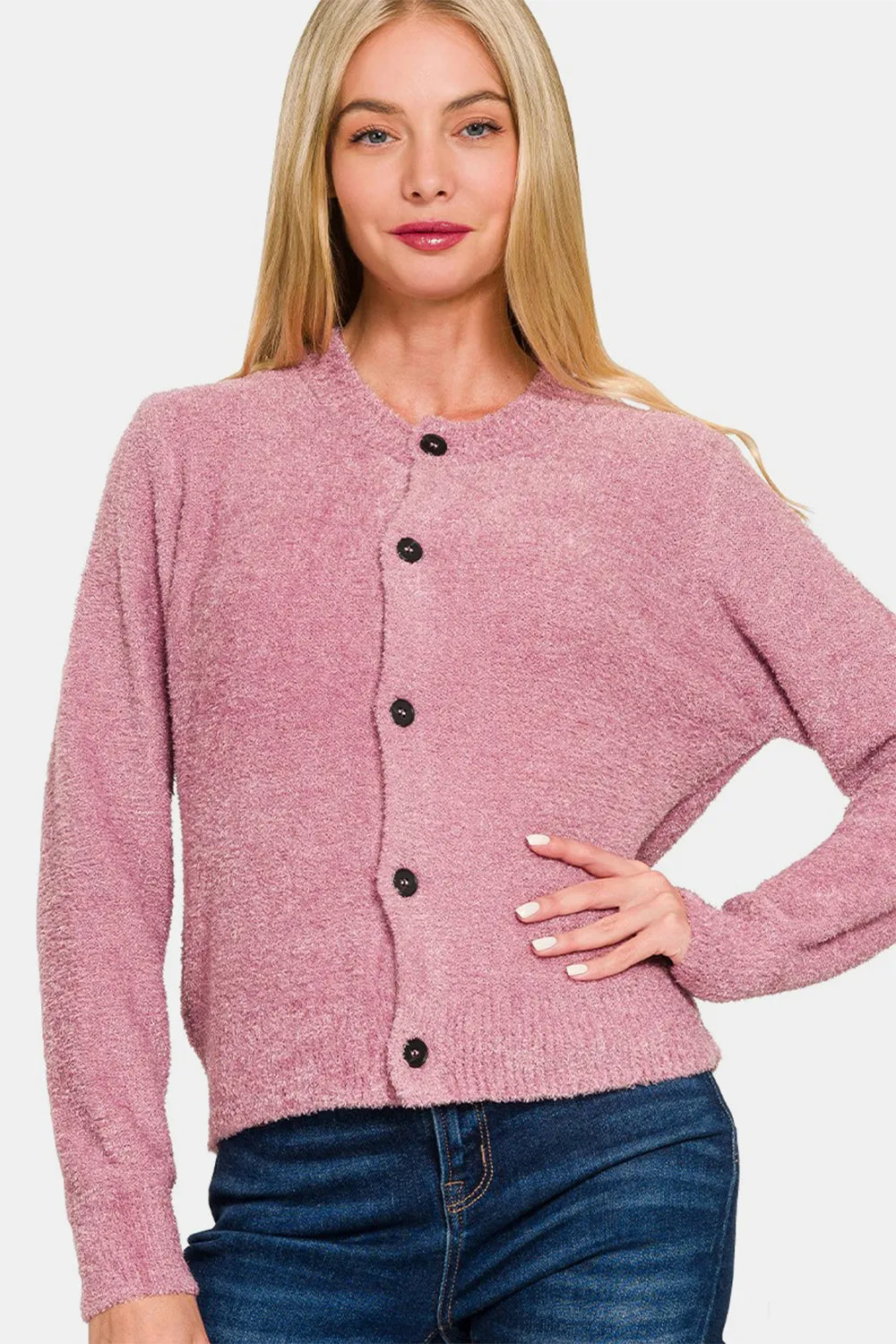 Zenana Button Down Long Sleeve Sweater Cardigan - Lt Rose