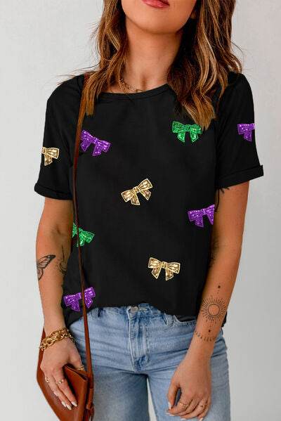 Bow Print Sequin Round Neck Short Sleeve T-Shirt - DaTrendStore.Com