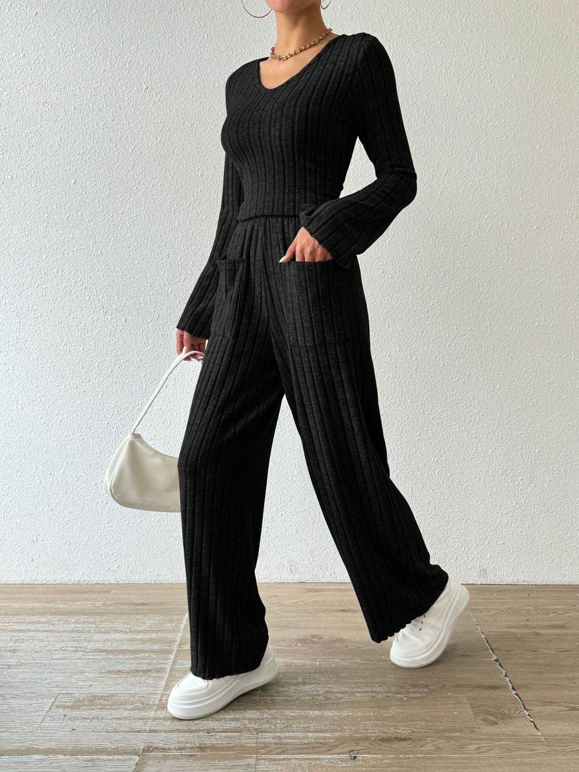 Ribbed V-Neck Long Sleeve Top and Pocketed Pants Set - DaTrendStore.Com