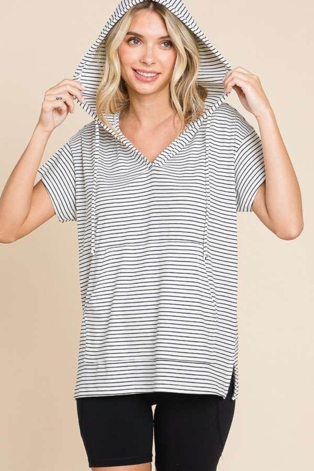 Culture Code Full Size Striped Short Sleeve Hooded Top - DaTrendStore.Com