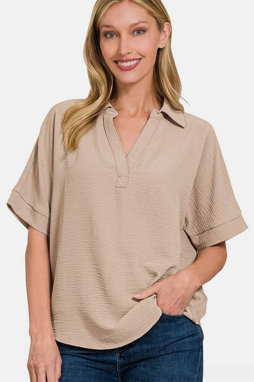 Zenana Texture Collared Neck Short Sleeve Top - DaTrendStore.Com