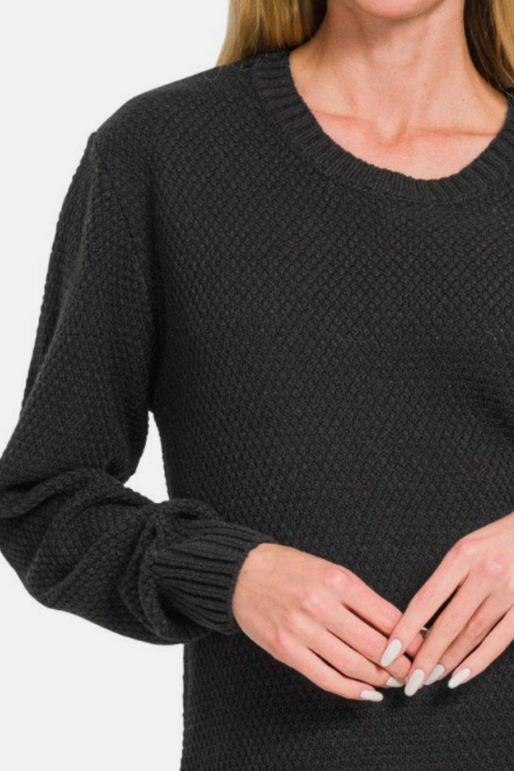 Zenana Ful Size Round Neck Long Sleeve Curved Hem Sweater - DaTrendStore.Com